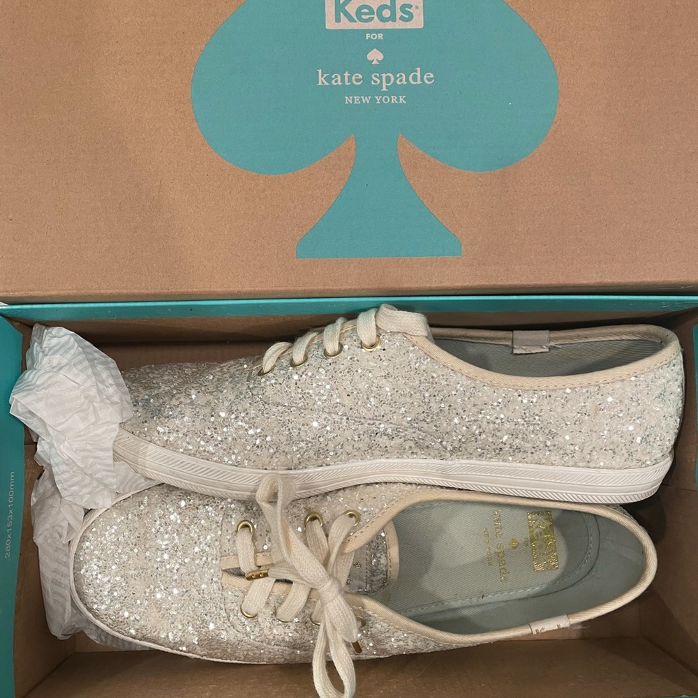 Keds x Kate Spade Champion White Glitter Sneakers, Size 7